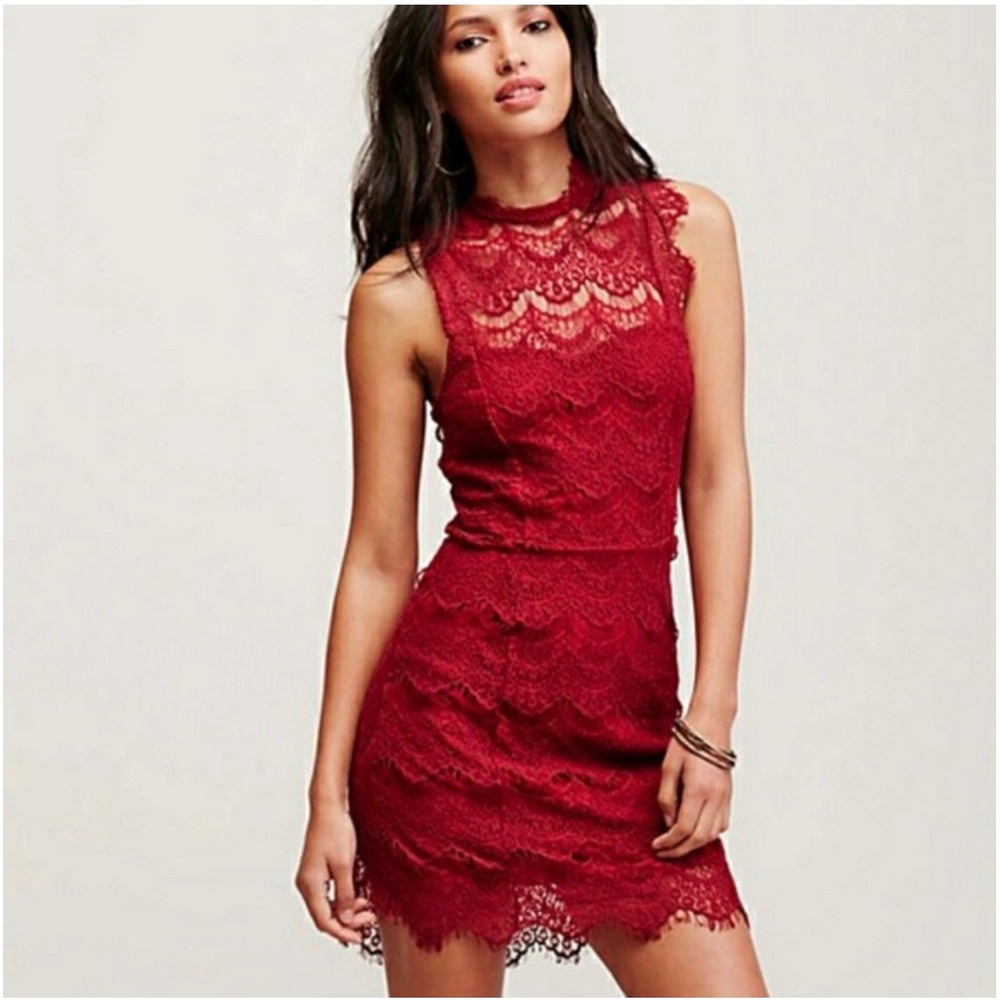 Intimately Free People Red Lace High Neck Open Back Mini Slip Dress Medium